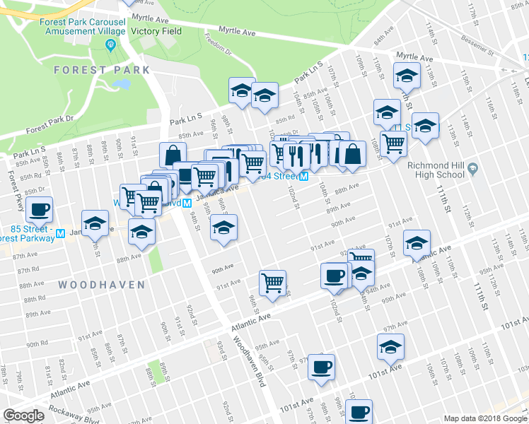 map of restaurants, bars, coffee shops, grocery stores, and more near 87-49 98th Street in Queens