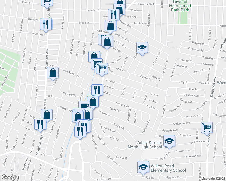 map of restaurants, bars, coffee shops, grocery stores, and more near 515 1st Street in Franklin Square