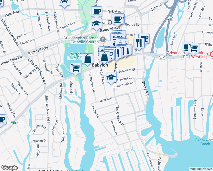 map of restaurants, bars, coffee shops, grocery stores, and more near 67 South Carll Avenue in Babylon