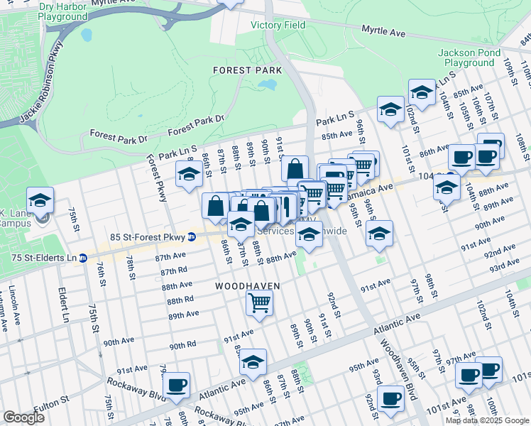 map of restaurants, bars, coffee shops, grocery stores, and more near 86-31 89th Street in Queens