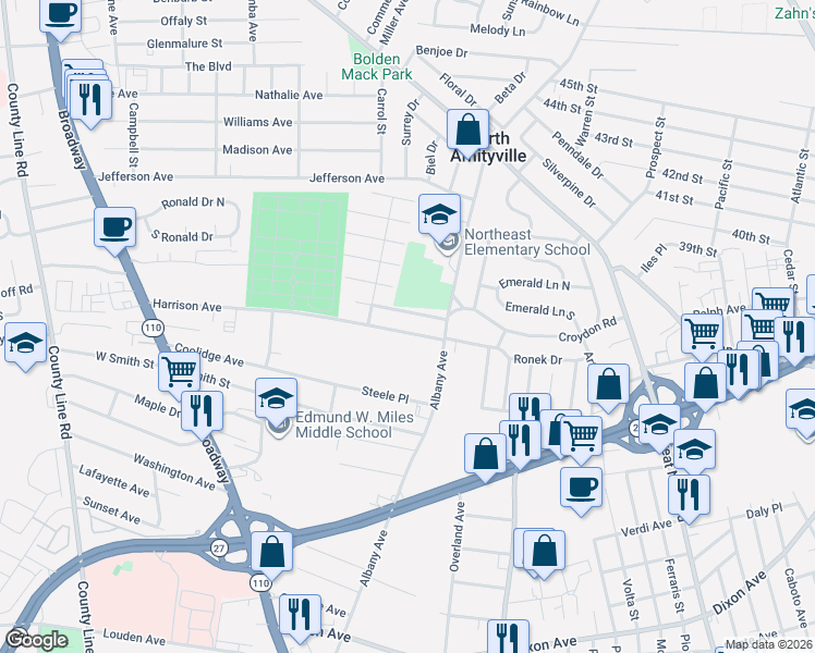 map of restaurants, bars, coffee shops, grocery stores, and more near 101 Harrison Ave in Amityville