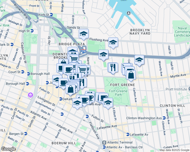 map of restaurants, bars, coffee shops, grocery stores, and more near Myrtle Ave & Ashland Pl in Brooklyn