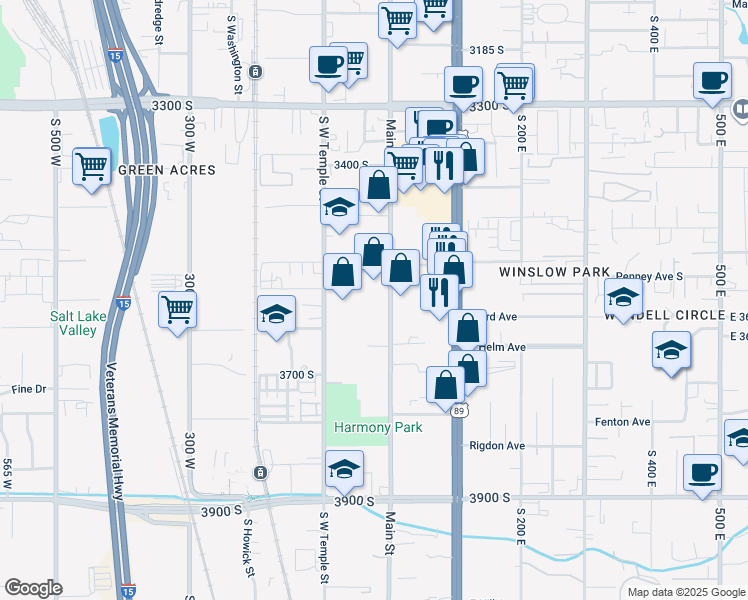 map of restaurants, bars, coffee shops, grocery stores, and more near 3562 South Main Street in South Salt Lake