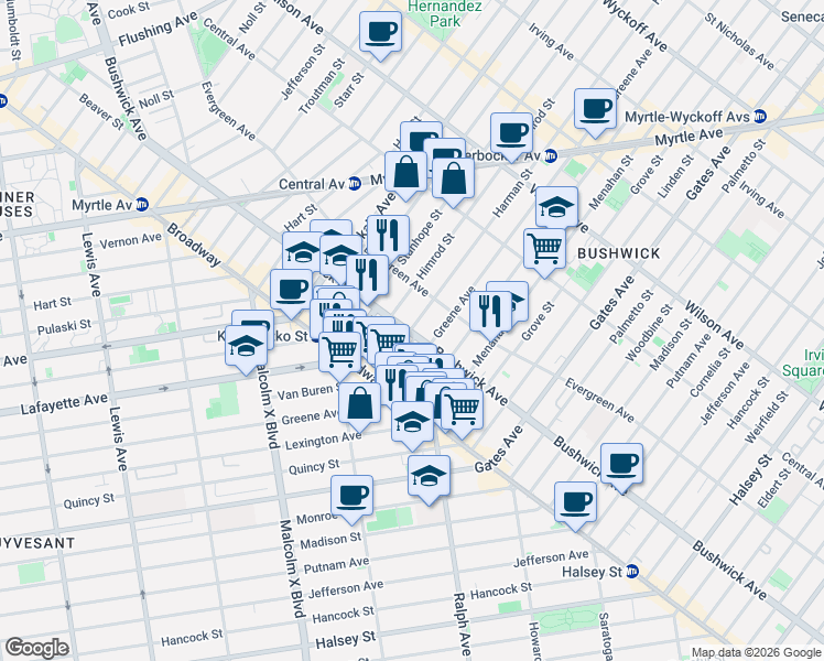 map of restaurants, bars, coffee shops, grocery stores, and more near 364 Harman Street in Brooklyn