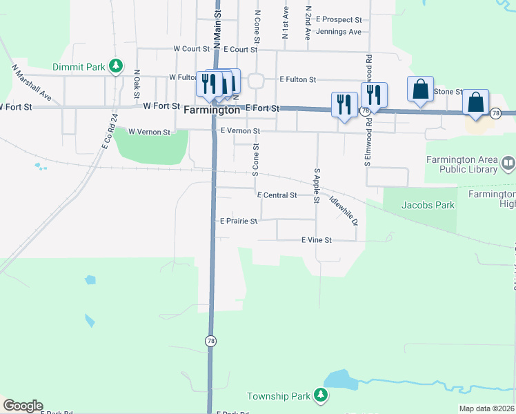 map of restaurants, bars, coffee shops, grocery stores, and more near 300-398 S Maple St in Farmington