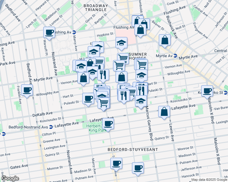 map of restaurants, bars, coffee shops, grocery stores, and more near 182 Hart Street in Brooklyn