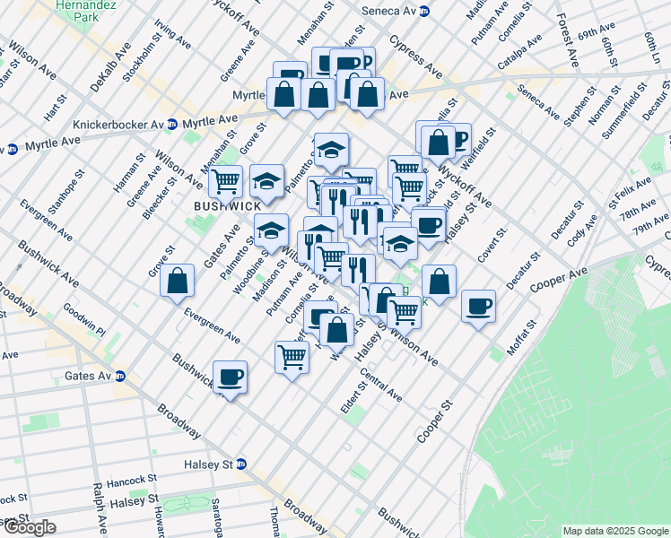 map of restaurants, bars, coffee shops, grocery stores, and more near 1328 Putnam Avenue in Brooklyn