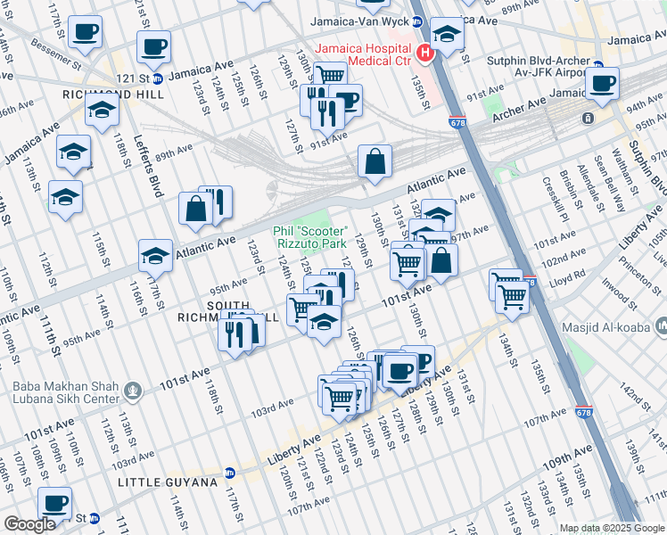 map of restaurants, bars, coffee shops, grocery stores, and more near 95-18 126th Street in Queens