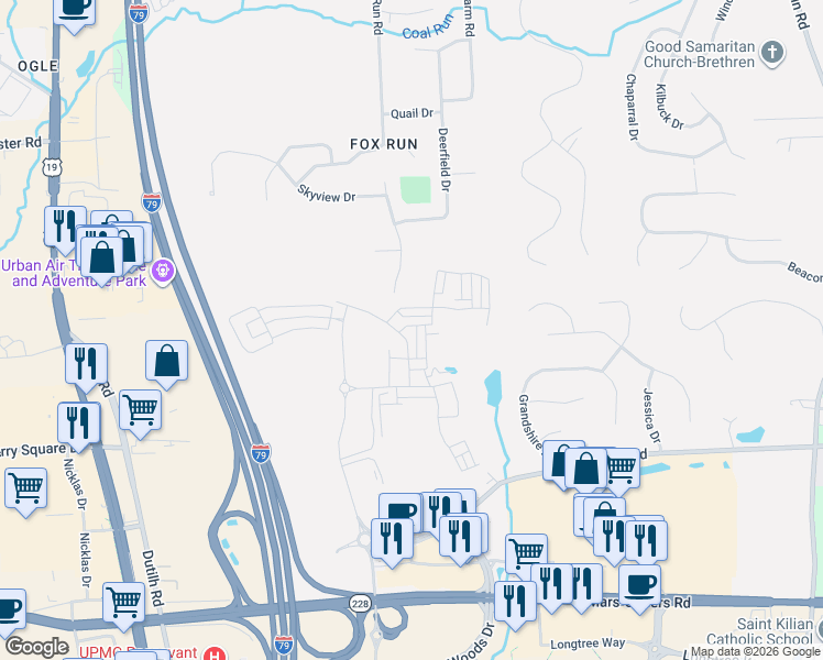 map of restaurants, bars, coffee shops, grocery stores, and more near 629 Partridge Drive in Cranberry Township