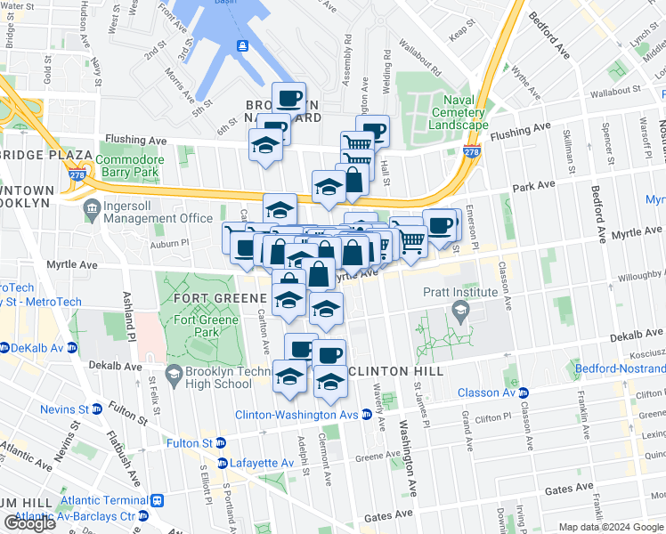 map of restaurants, bars, coffee shops, grocery stores, and more near 148 Clinton Avenue in Brooklyn