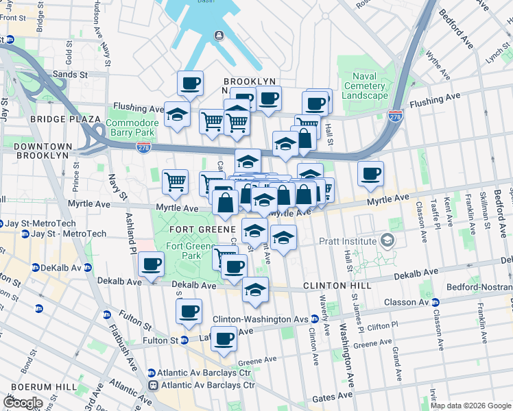 map of restaurants, bars, coffee shops, grocery stores, and more near 150 Clermont Avenue in Brooklyn