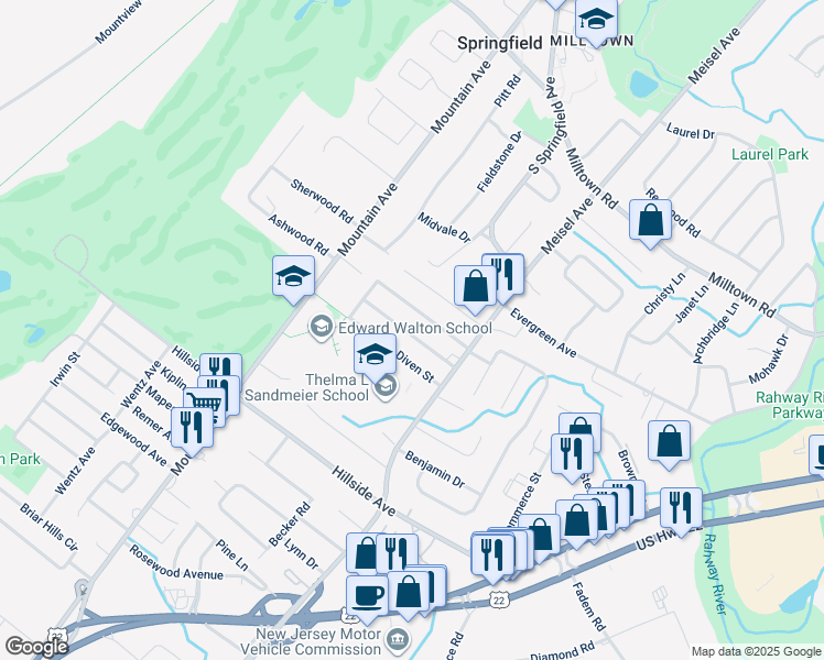 map of restaurants, bars, coffee shops, grocery stores, and more near 50 Meckes Street in Springfield