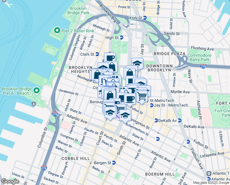 map of restaurants, bars, coffee shops, grocery stores, and more near 16 Court Street in Brooklyn