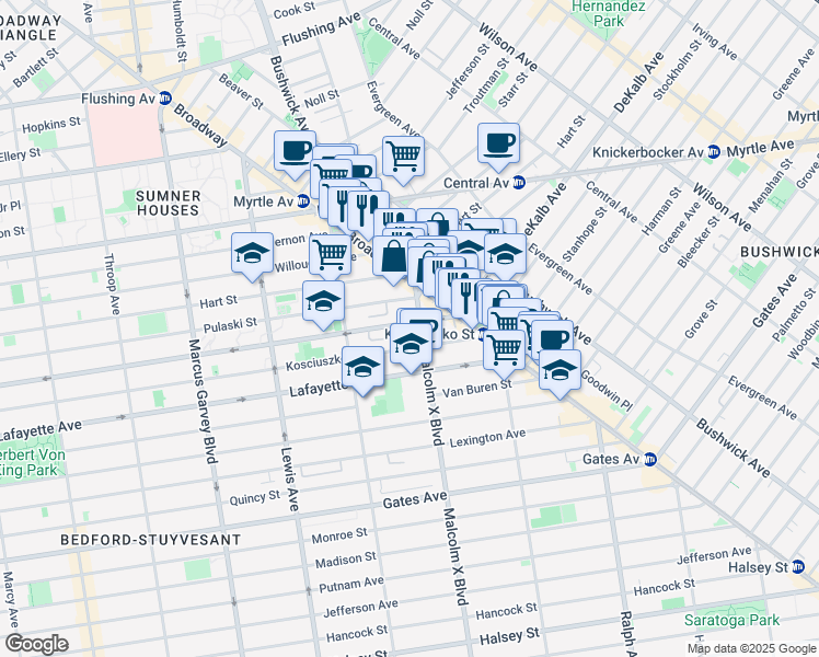 map of restaurants, bars, coffee shops, grocery stores, and more near 1076 Dekalb Avenue in Brooklyn