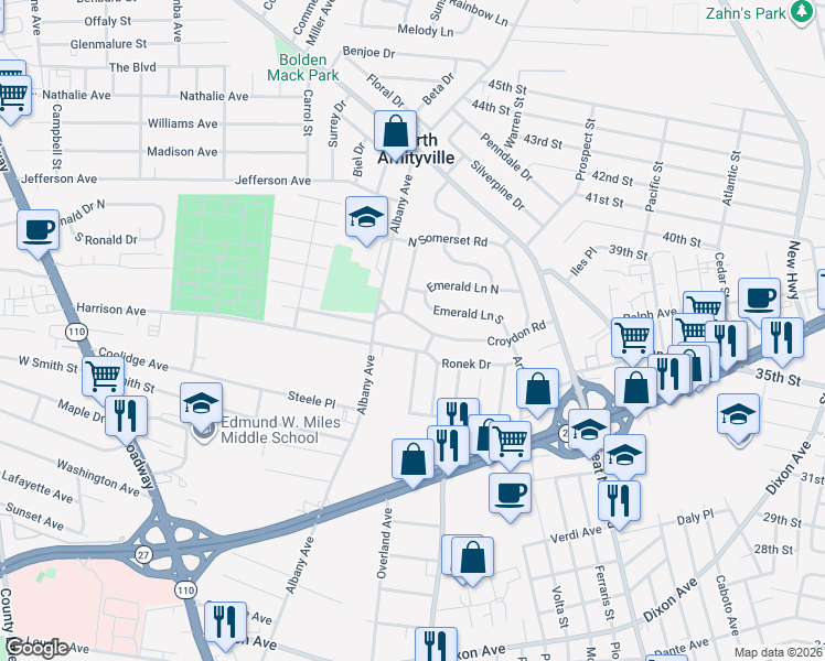 map of restaurants, bars, coffee shops, grocery stores, and more near 11 Croydon Road in Amityville