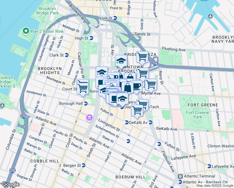 map of restaurants, bars, coffee shops, grocery stores, and more near 107 Lawrence Street in Brooklyn