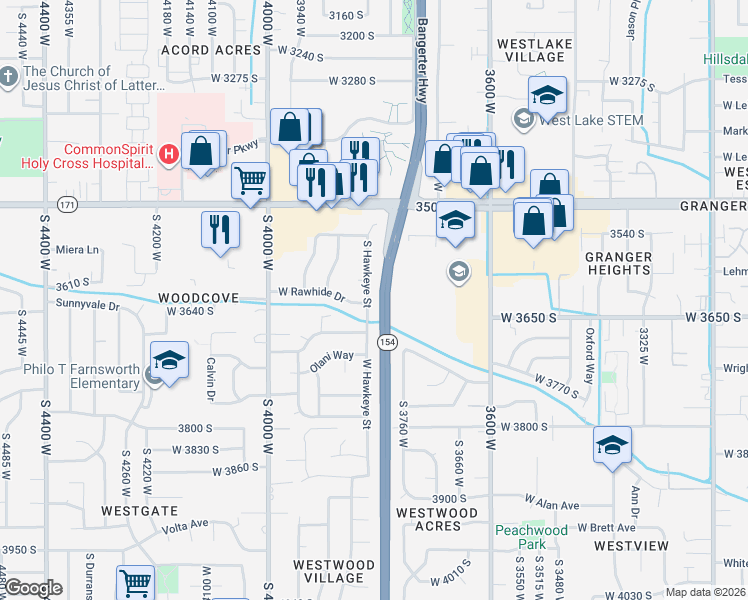 map of restaurants, bars, coffee shops, grocery stores, and more near 3830 West Rawhide Drive in West Valley City