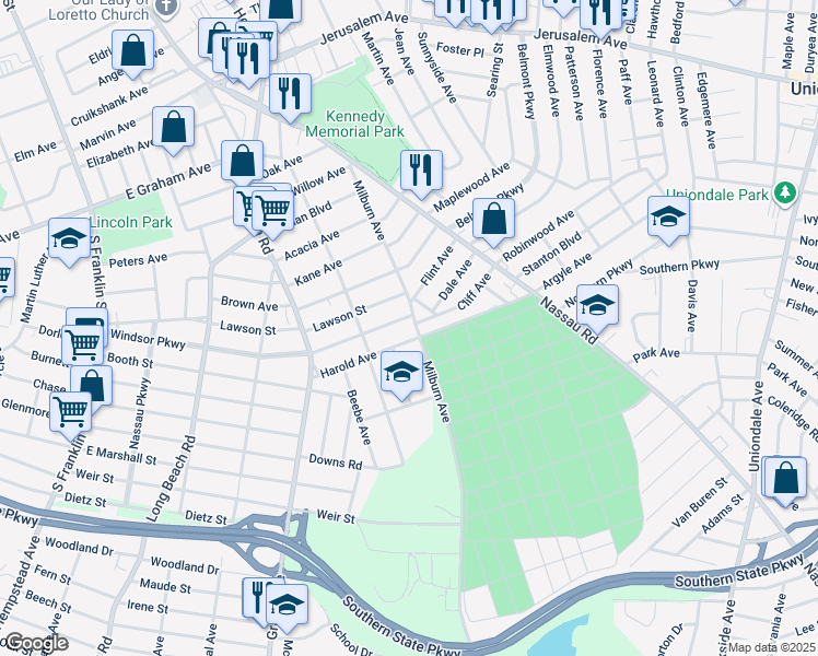 map of restaurants, bars, coffee shops, grocery stores, and more near 166 Milburn Avenue in Hempstead