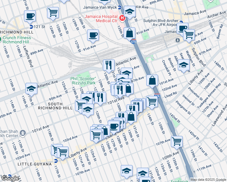map of restaurants, bars, coffee shops, grocery stores, and more near 129-22 97th Avenue in Queens