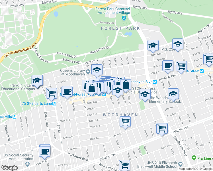 map of restaurants, bars, coffee shops, grocery stores, and more near 8608 86th Street in Queens