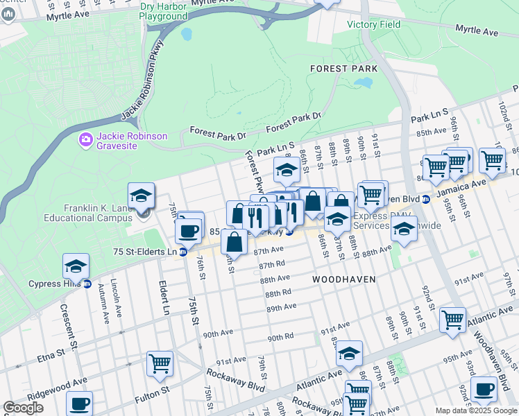 map of restaurants, bars, coffee shops, grocery stores, and more near in Queens