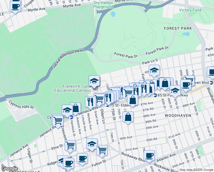 map of restaurants, bars, coffee shops, grocery stores, and more near 74-21 85th Drive in Queens