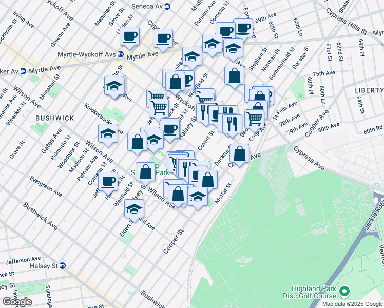 map of restaurants, bars, coffee shops, grocery stores, and more near 342 Eldert Street in Brooklyn