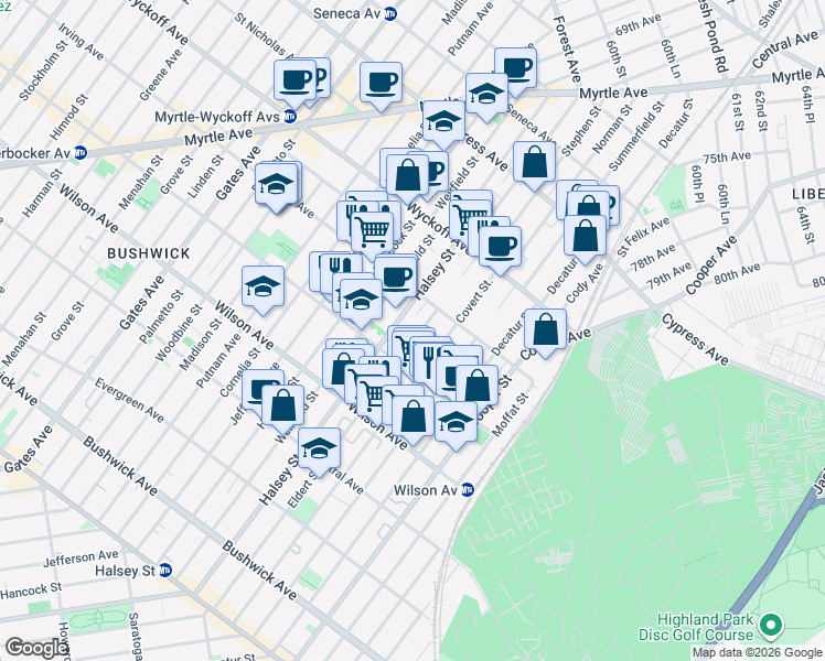 map of restaurants, bars, coffee shops, grocery stores, and more near 327 Eldert Street in Brooklyn