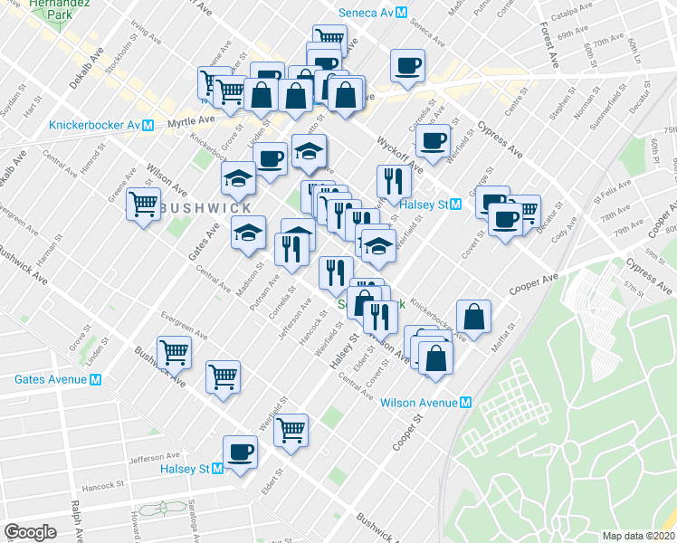 map of restaurants, bars, coffee shops, grocery stores, and more near 1336 Jefferson Avenue in Brooklyn