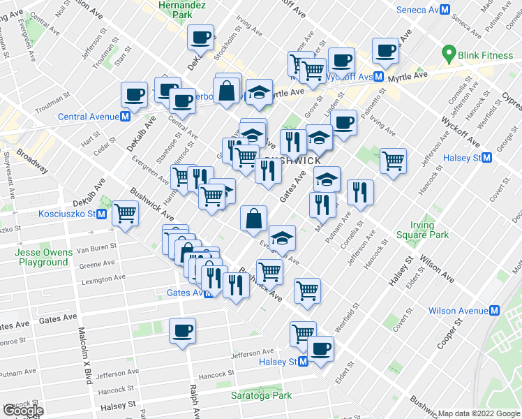 map of restaurants, bars, coffee shops, grocery stores, and more near 1257 Gates Avenue in Brooklyn