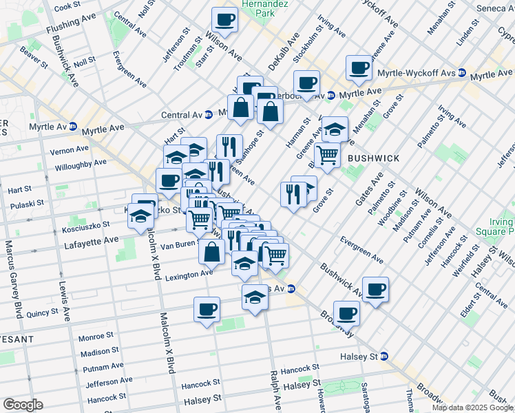 map of restaurants, bars, coffee shops, grocery stores, and more near 1099 Greene Avenue in Brooklyn