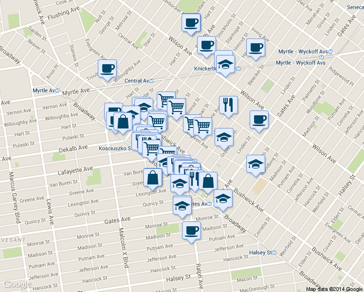 map of restaurants, bars, coffee shops, grocery stores, and more near 1099 Greene Avenue in Brooklyn