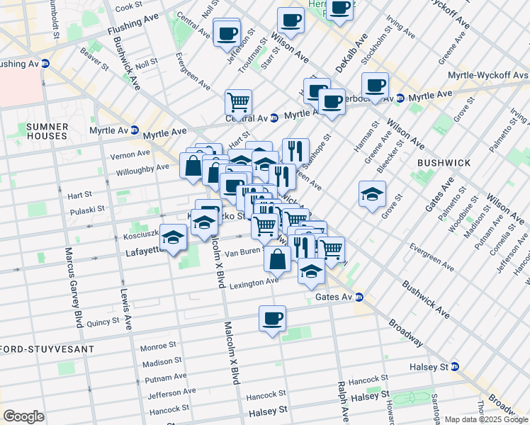 map of restaurants, bars, coffee shops, grocery stores, and more near 21 Kossuth Place in Brooklyn