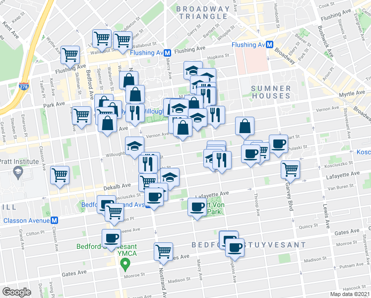 map of restaurants, bars, coffee shops, grocery stores, and more near 623 Marcy Avenue in Brooklyn