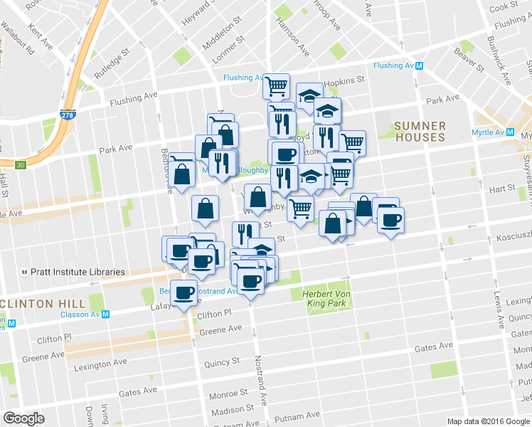map of restaurants, bars, coffee shops, grocery stores, and more near 492 Willoughby Avenue in Brooklyn