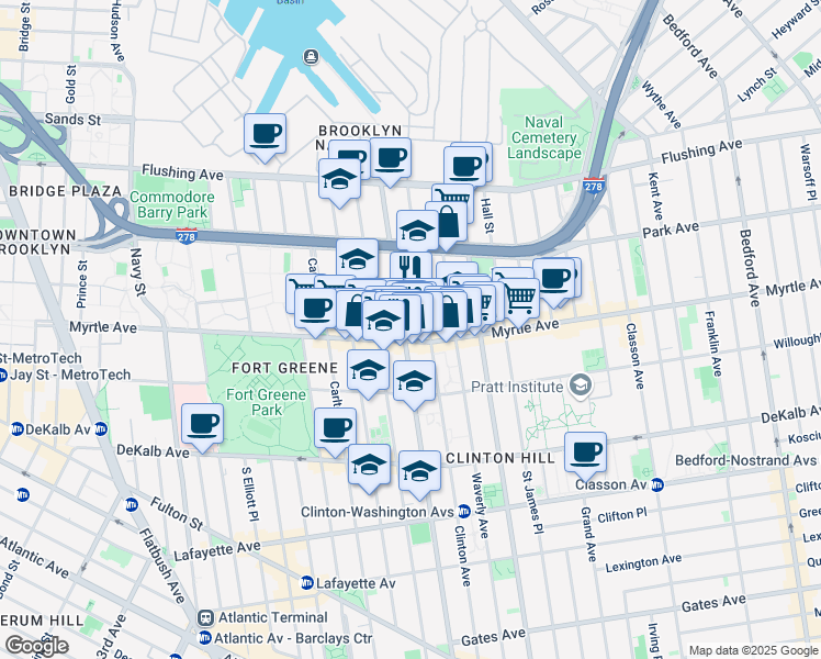 map of restaurants, bars, coffee shops, grocery stores, and more near 132 Clinton Avenue in Brooklyn