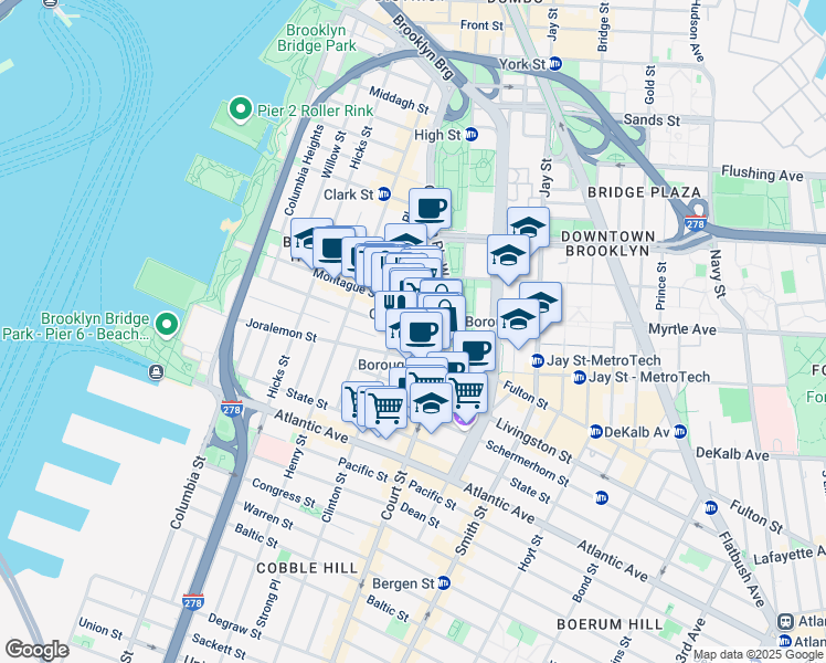 map of restaurants, bars, coffee shops, grocery stores, and more near 75 Clinton Street in Brooklyn