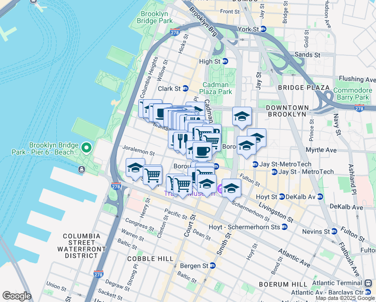 map of restaurants, bars, coffee shops, grocery stores, and more near 134 Remsen Street in Brooklyn