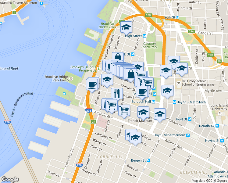 map of restaurants, bars, coffee shops, grocery stores, and more near 228 Henry Street in Brooklyn