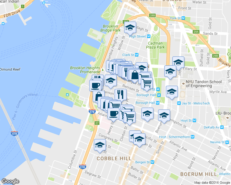 map of restaurants, bars, coffee shops, grocery stores, and more near 79 Joralemon Street in Brooklyn