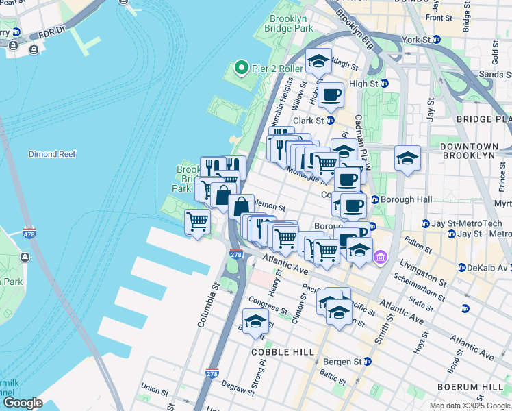 map of restaurants, bars, coffee shops, grocery stores, and more near 44 Joralemon Street in Brooklyn