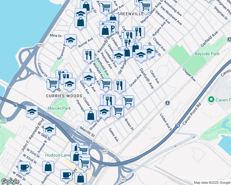 map of restaurants, bars, coffee shops, grocery stores, and more near in Jersey City