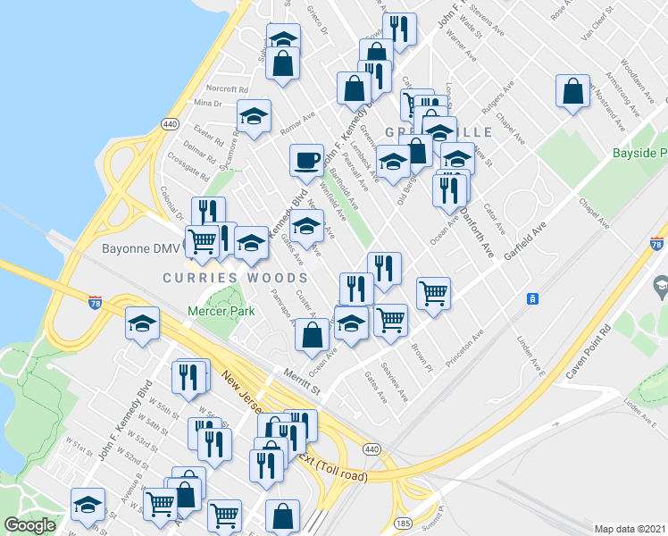 map of restaurants, bars, coffee shops, grocery stores, and more near 160 Seaview Avenue in Jersey City