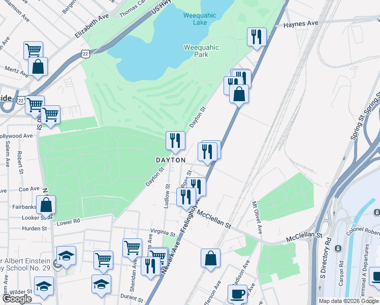 map of restaurants, bars, coffee shops, grocery stores, and more near 29 Hanford Street in Newark