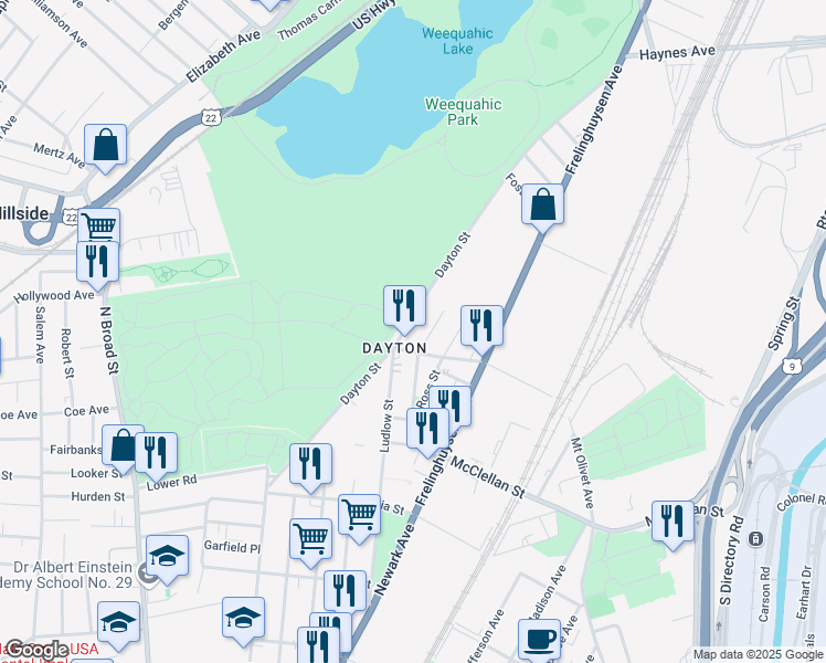 map of restaurants, bars, coffee shops, grocery stores, and more near 29 Hanford Street in Newark