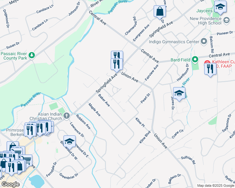 map of restaurants, bars, coffee shops, grocery stores, and more near 68 Arthurs Court in Berkeley Heights