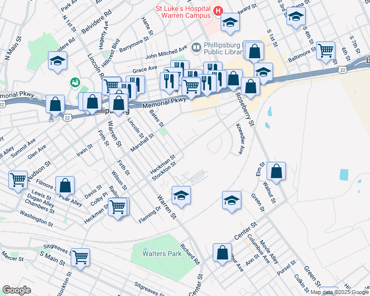 map of restaurants, bars, coffee shops, grocery stores, and more near 461 Heckman Street in Phillipsburg