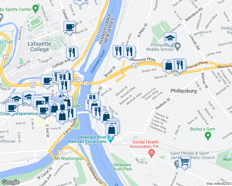 map of restaurants, bars, coffee shops, grocery stores, and more near 35A Bennett Street in Phillipsburg