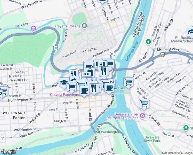 map of restaurants, bars, coffee shops, grocery stores, and more near 229 Spring Garden Street in Easton