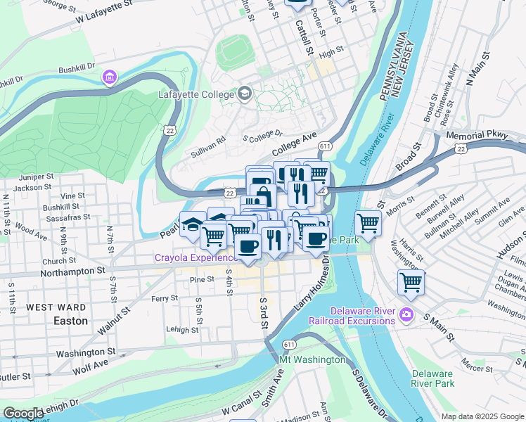 map of restaurants, bars, coffee shops, grocery stores, and more near 229 Spring Garden Street in Easton